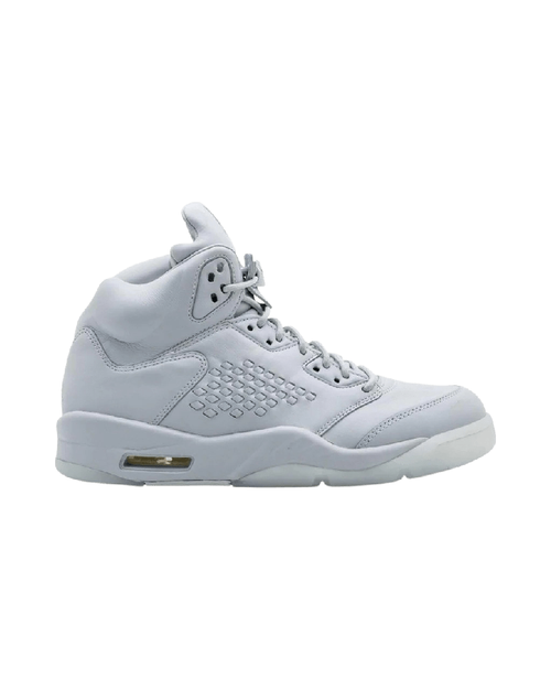 Air Jordan 5 Premium Pure Platinum på hvit bakgrunn, peker mot høyre