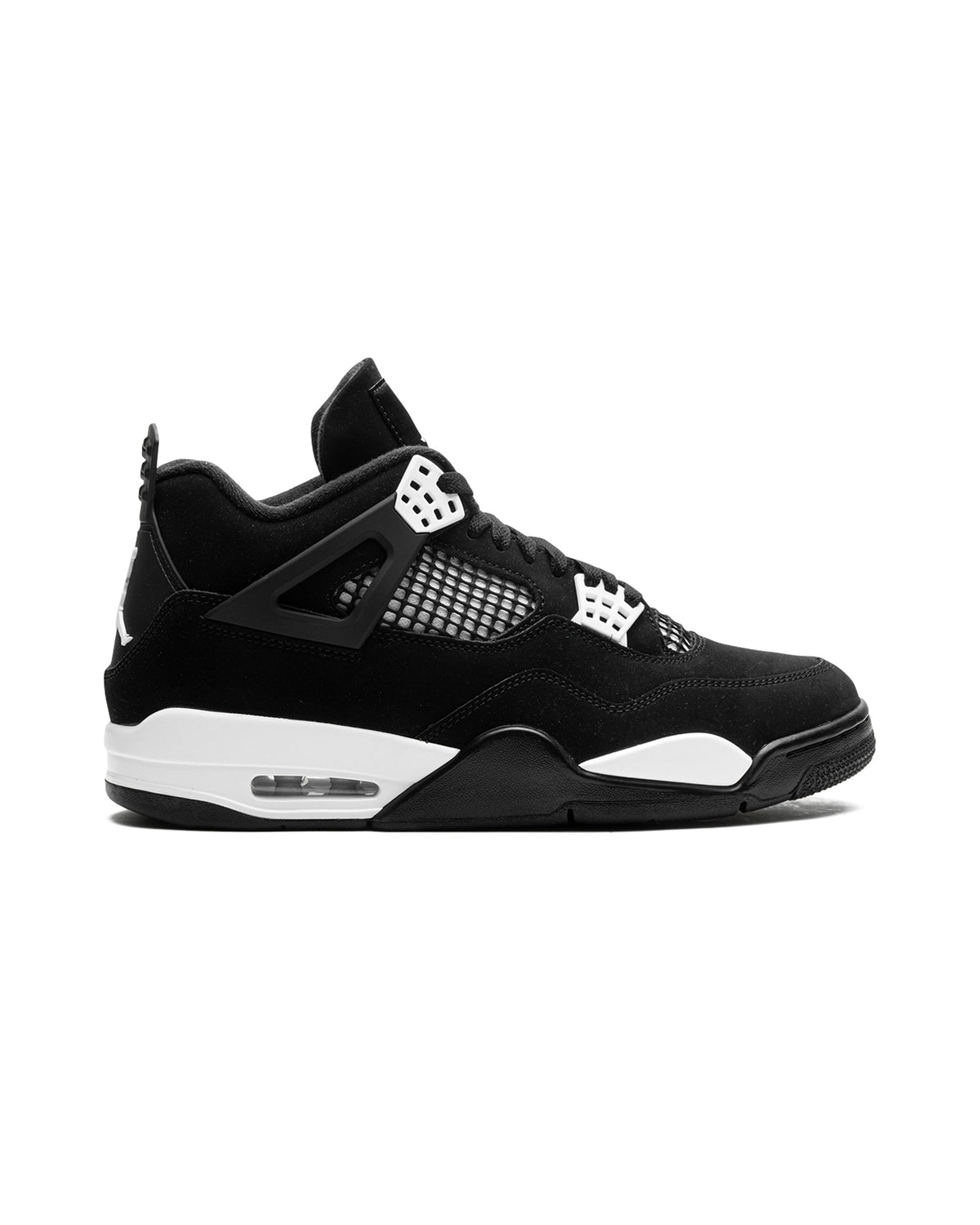 Jordan 4 Retro White Thunder på hvit bakgrunn, peker mot høyre