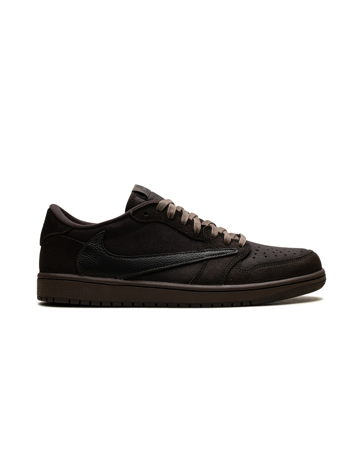 Jordan 1 Retro Low OG SP Travis Scott Velvet Brown på hvit bakgrunn, peker mot høyre