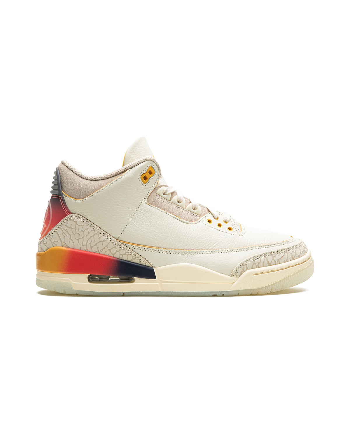 Jordan 3 Retro SP J Balvin Medellín Sunset på hvit bakgrunn, peker mot høyre