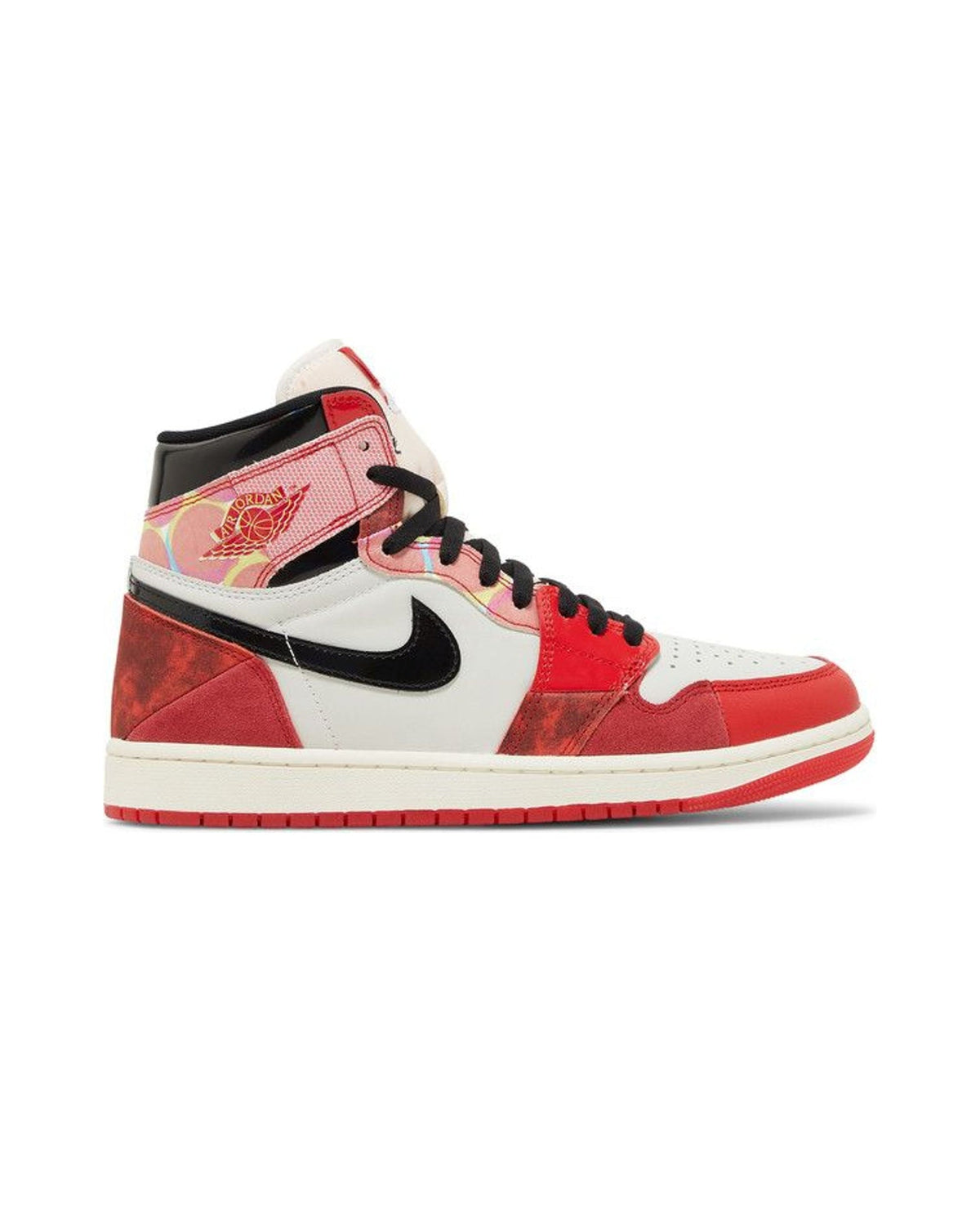 Jordan 1 Retro High OG Spider-Man Across the Spider-Verse på hvit bakgrunn, peker mot høyre