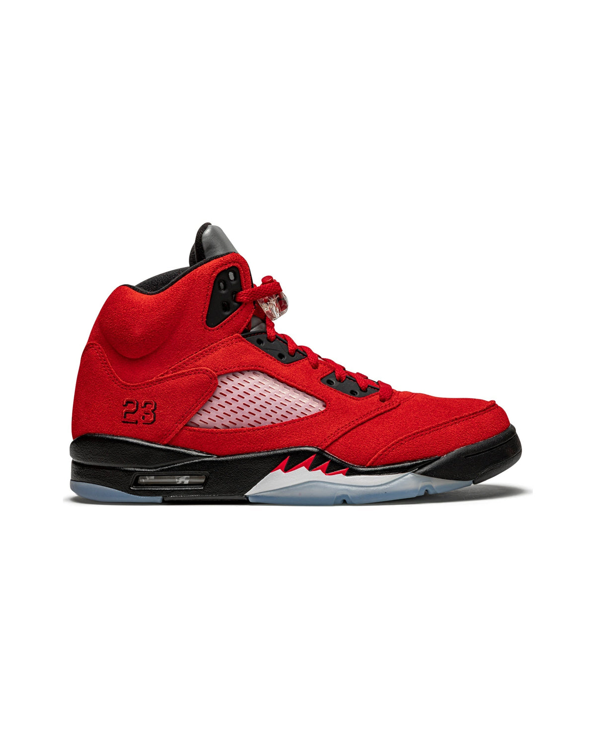 Jordan 5 Retro Raging Bull Red (2021) på hvit bakgrunn, peker mot høyre